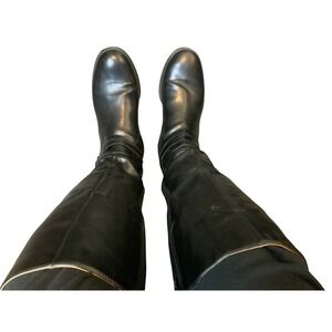 Womens Black Knee High‎ Boots Ribbed Knit Back Side Zip Buckle Detail Flat Heel